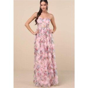 Lulus Stunning Element Pink Floral Mesh Ruffled Strapless Maxi Dress Medium